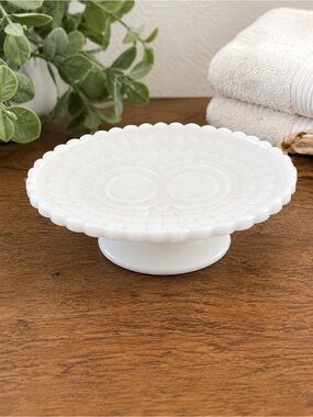 Vintage Avon Milk Glass Footed Soap Dish with Owl Design White Pedestal